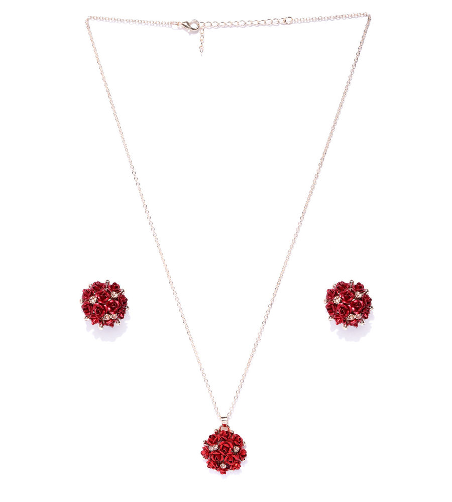 YouBella Red Gold-Plated Stone-Studded Floral Jewellery Set